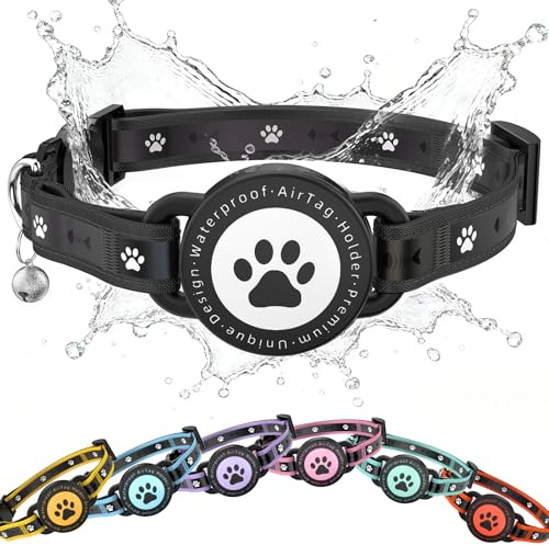 JIARUI Airtag Katzenhalsband mit Sicherheitsverschluss & AirTag Halter | Reflektierend Katzenhalsband und Glocke, Bequeme Polsterung & Verstellbar Wasserdicht Kätzchenhalsban (Schwarz, 9.3-13)