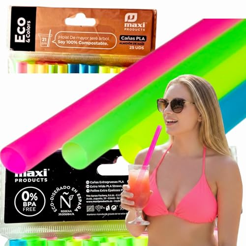 Pajitas Reutilizables PLA Colores Variados – Pack 100 Unidades (4×25) – 21 cm Ø10 mm – Sin BPA – Cañitas Ecológicas Compostables para Bebidas en Fiestas, Cumpleaños y Celebraciones.