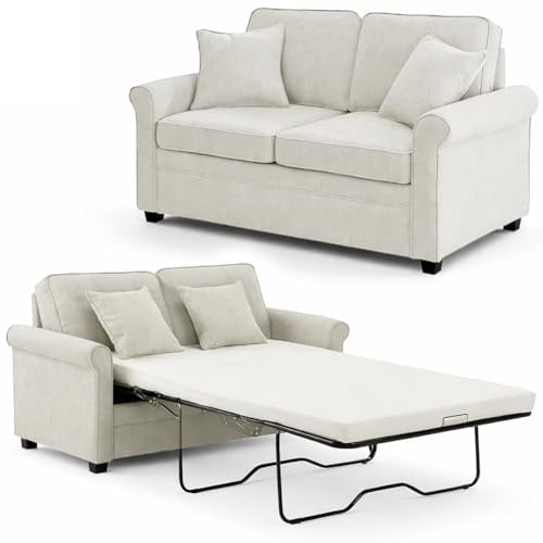 Shally Dogan Divano Letto 2 Posti con Rivestimento in Tessuto Grigio e Cuscino Memory Ergonomico Apertura Facile, Divanetto Apribile con Cuscini Imbottitura Alta Densità, 142.5 x 77 x 86 cm (Beige)