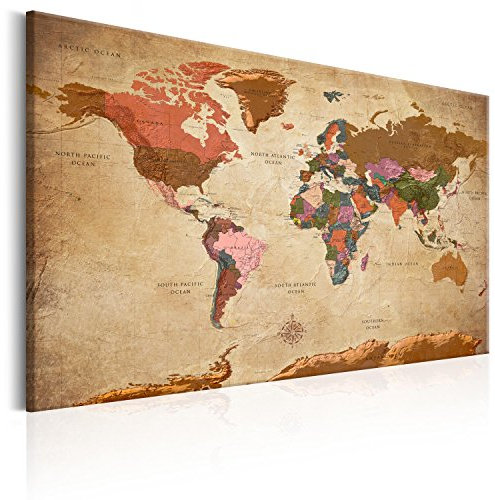 B&D XXL - Englische Weltkarte zum Pinnen Pinnwand & Vlies Leinwand Bild 120x80cm XXL Bilder mit Kork Rückwand Set mit 50 Markierfähnchen-Pinnnadeln Korktafel Kunstdruck Wandbilder Lernkarte Landkarte