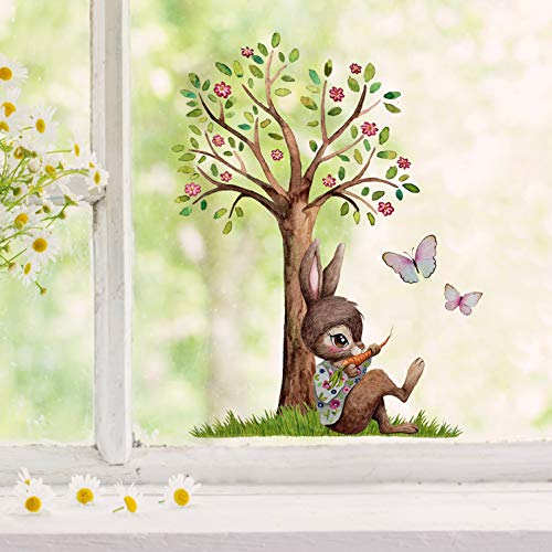 Fensterbilder Fensterbild Fuchs Reh & Hasen mit Pusteblume Osterkorb Ostern wiederverwendbar Fensterdeko bf25 - ausgewählte Farbe: *bunt* ausgewählte Größe: *6. Hase mit Blütenbaum*