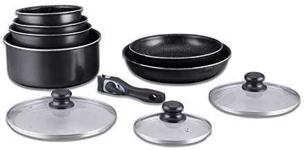 Herzberg Batterie de Cuisine - lot de casserole induction - set casserole et poele tous feux - set de cuisine en revêtement pierre avec manche amovible 10 pieces HG-5000 Noir
