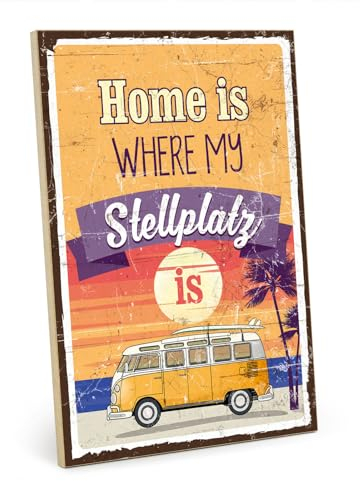 TypeStoff Holzschild mit Spruch – Camping – im Vintage-Look mit Zitat als Geschenk und Dekoration zum Thema Urlaub und Reisen - HS-01126