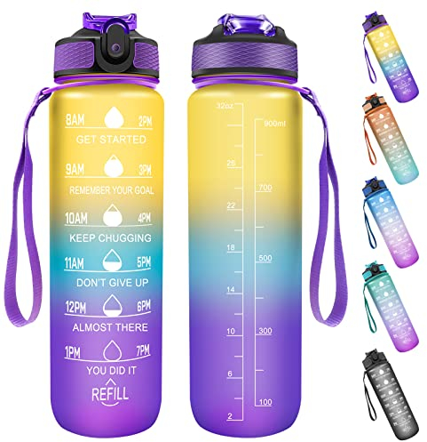 Sports Water Bottle with Motivational Time Marker & Straw, 1L Leakproof Drink Bottles with BPA Free Tritan Non-Toxic Plastic, Ideal for School,Cycling,Gym,Camping (Yellow Blue Purple)