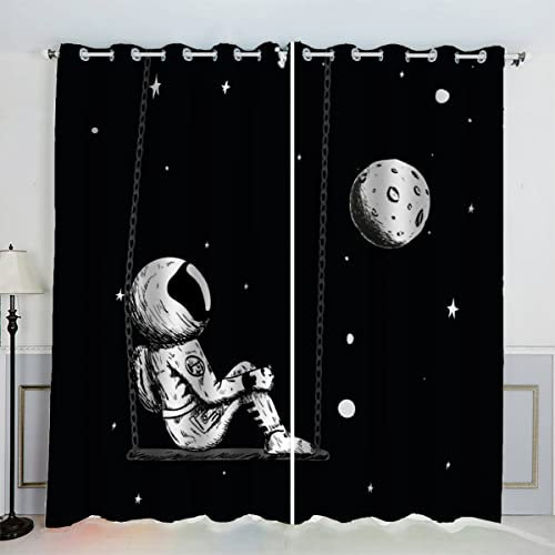 LUORU 3D Universum Planet Vorhänge Abdunkelnd mit ösen 150x166 cm Polyester Scheibengardinen Astronaut Gardinen Blickdicht 2er Set Schallschutz Vorhang für Kinderzimmer Wohnzimmer Schlafzimmer