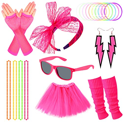 Pipihome 80er Jahre Kleidung Damen Set, 1980s Kostüm Accessoires Netzgarnrock, Beinstulpen, Fingerlose Netzhandschuhe, Stirnband, Dekobrille, Halskette, Armband, Ohrring, Neon 80 Jahre Outfit Party