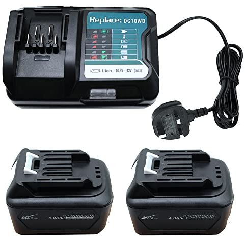 GOLEMON® 2 baterías BL1041B de 4000 mAh y cargador de 12 V DC10WD de repuesto para baterías Makita BL1020B BL1021B BL1015 BL1016 para cargadores Makita DC10SB DC10WC