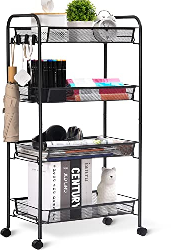 APEXCHASER 4-Tier Rolling Cart,Easy Assemble Mobile Storage Trolley On Wheels,Slide Out Utility Cart Shelving Units Kitchen Bathroom Laundry Room,Black