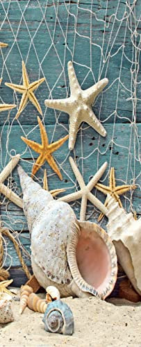 A.Monamour Sticker Porte Autocollant Poster De Porte 3D Résille D'Étoiles De Mer De Coquillage De Sable Blanc Sur Des Planches De Bois Bleues Rustiques Vinyle Affiche De Porte Sticker Mural 90x200cm