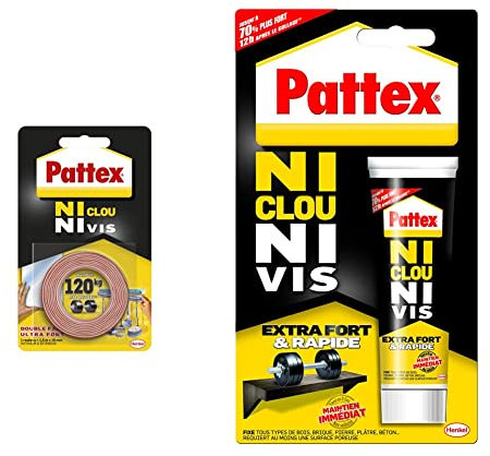 Pattex Ni Clou Ni Vis Double Face 19 mm x 1,5 m, Ruban adhésif double face ultra résistant & Ni Clou Ni Vis Extra Fort & Rapide, colle de fixation surpuissante, colle blanche, tube 52 gr