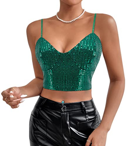 Naimo Damen Glitzer Pailletten Crop Top Ärmellos V-Ausschnitt Spaghettiträger Tank Tops Weste Party Rave Sparkle Camisole