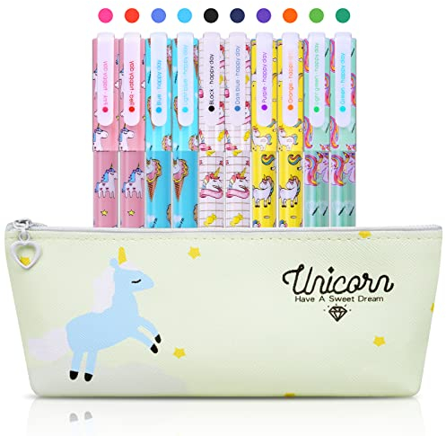 OFFCUP Einhorn Stifte Set, Unicorn Federmappe mit 10 Einhorn Gelstifte, Einhorn-Geschenke für Mädchen und Jungen, Einhorn Schreibwaren Set für Geschenk Geburtstag, Beige