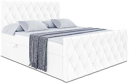 ALTDECOR Boxspringbett mit Matratze und Lattenrost, Boxbett, Fußteil, Topper, Polsterbett mit Bettkasten, Bett mit Stauraum H3-Matratze, Doppelbett, Springboxbett - Amay - 140x200 Weiß Kunstleder