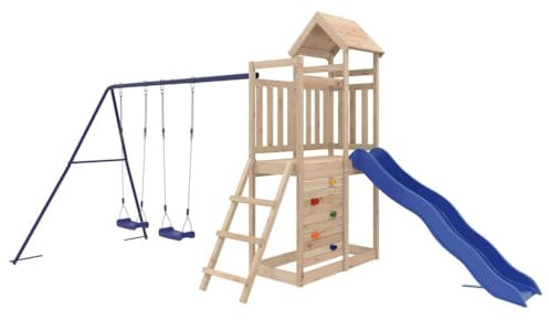 vidaXL Spielturm, Klettergerüst mit Rutsche Schaukel Kletterwand, Kinder Kletterturm mit Holzdach, Spiel-Zubehör für Garten, Holz Spielplatz, Massivholz Kiefer