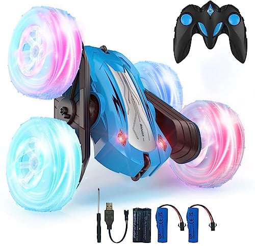 Rodzon Ferngesteuertes Auto für Kinder, 360 °-Rotation, Stunt-LKW mit Radlicht, 2,4 GHz RC Auto, ferngesteuert, Spiele für draußen, Spielzeug, Geschenk für Jungen und Mädchen, 3 – 12 Jahre, 2 x Akku