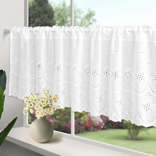choicehot Landhaus Privatsphäre Gardine Weiß Bistrogardine, Baumwolle Vorhang mit Stickerei, Fenstervorhang für Küche, Badezimmer, HxB 50x150cm