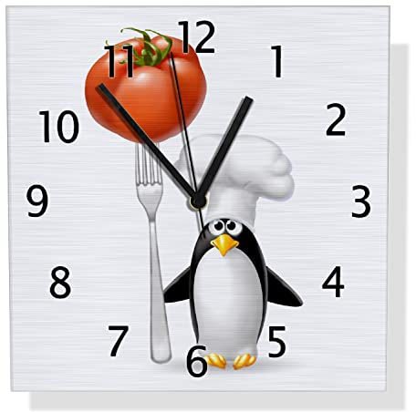 Wallario Design Wanduhr Pinguin Koch aus Aluverbund, Alu-Uhr Größe 30 x 30 cm, Schwarze Zeiger mit Metalloptik