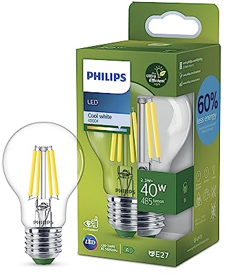 PHILIPS Ultra Efficient - Ultra Energy Saving Lights, LED Light Source, 40W, A60, E27, Cool White 4000 Kelvin, Clear
