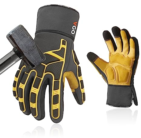Vgo... 1 Paar Arbeitshandschuhe,Mechanikerhandschuhe,Riggerhandschuhe,Anti-Vibrationshandschuhe,Schweineleder,Handfläche geflickt,Abriebfestigkeit (PA7756)