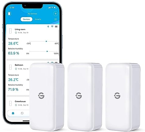 GoveeLife Hygrometer Thermometer Innen Sensoren 3Pack, Mini Bluetooth Temperatur und Luftfeuchtigkeitsmesser mit App Benachrichtigung und Datenspeicherung, geeignet für Gewächshaus, Weinkeller