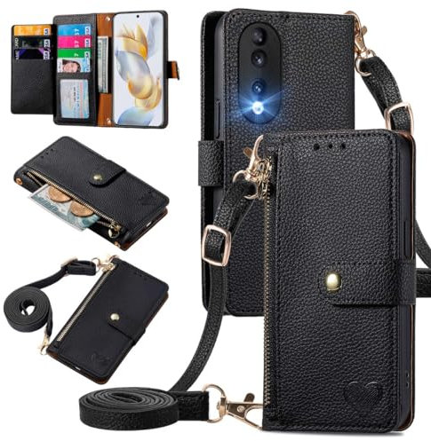 MOJIA Coque Porte Monnaie pour Honor 90 5G, Etui Anti-Chute Portefeuille en Cuir, Multifonctionnel Porte-Cartes avec Bandoulière Réglable. Noir