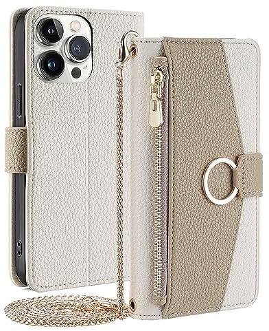 CasurvivePro Brieftaschenetui für iPhone 15 Pro mit Umhängegurt, magnetische Handtaschen-Reißverschlusstaschenhüllen PU-Leder stoßfest Flip-Cover mit Ständer hülle für iPhone 15 Pro Weiss