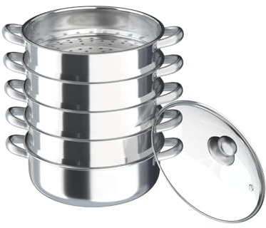 SABUIDDS Vaporera de cinco pisos de acero inoxidable con tapa de cristal, olla de vapor de inducción para todo tipo de cocinas, olla de cuscús, olla para cocinar al vapor, olla de inducción