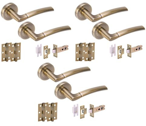 HANDLEZONE® 3 Sets Neemo Internal Door Handles on Rose Lever Latch Packs with Ball Bearing Hinges - Antique Bronze