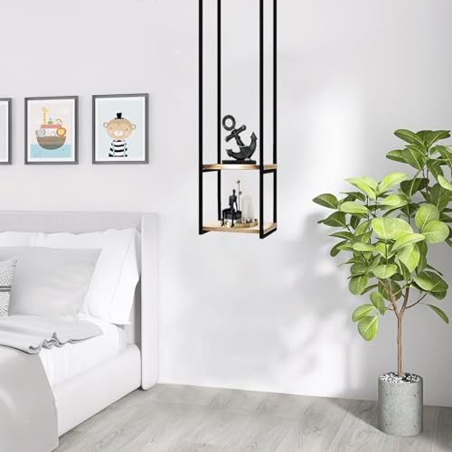 Lonmrrton Deckenregal Eisen-Massivholz-Hängeregal, 2 Etagen kreative schwebende Ausstellungsregale Pflanzen- und Blumenständer für Schlafzimmer Wohnzimmer Küche, Schwarz (Size : 30x30x95cm)