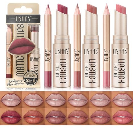 6Pcs Lipstick Lip Liner Set, Non-Stick Cup Not Fade Waterproof Long Lasting Nude lip stain Makeup Kits Velvety Nude Lipliner Lip Gloss Make Up Gift Set For Women