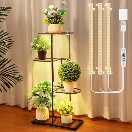 Feekoon Plant Stand with Grow Light Indoor, Sturdy Metal Plant Shelf, Multiple Plant Holder Tall Plant Ladder Plant Tower for Display Plant Flower Corner Living Room Office(4 Tier 5 Potted Shape)