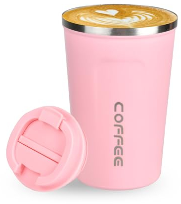 Lychico Coffee Travel Mug, 380ml Insulated Coffee Cup with Leakproof Lid, Reusable Stainless Steel Double Wall Vacuum Thermaol Mug/to Go Cups for Hot Cold Drinks, Pink