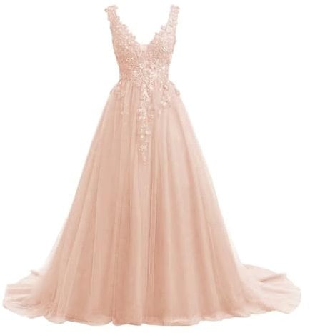 V-Ausschnitt Tüll Abendkleider Spitze Applique Ballkleider A-Linie Formelle Kleider für Frauen Brautkleid(Blush,32)