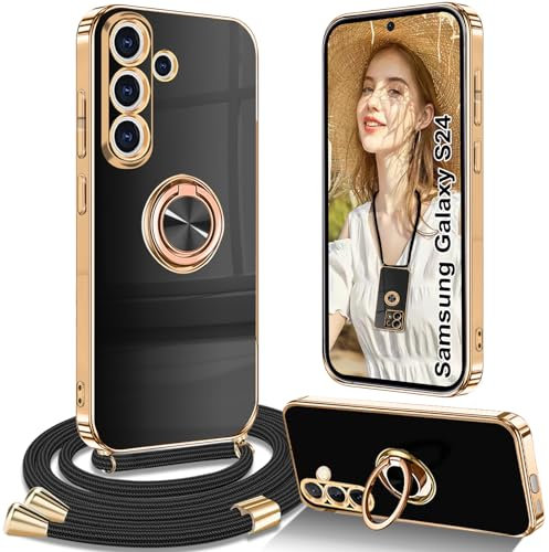 Yutwo Coque pour Samsung Galaxy S24, Coque Samsung S24 avec Cordon Collier Silicone Housse 360° Voiture de Bague Magnétique Étui Antichoc Réglable Case Coque pour Samsung S24, Noir