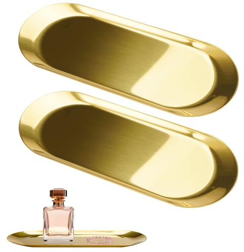 2 Piezas Bandeja Dorada de Acero Inoxidable (23 x 9.5 cm), Bandeja Decorativa Dorada, Bandeja de Almacenamiento Ovalada, Plato Organizador de Cosméticos para Postres, Joyería, Velas