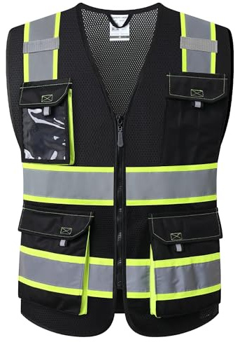 JKSafety Hi Vis Reflective Safety Vests for Men Women High Visibility Vest with Pockets Mesh Fabric Construction Safety Apparel Neon Vest for Work (220-Black XL)