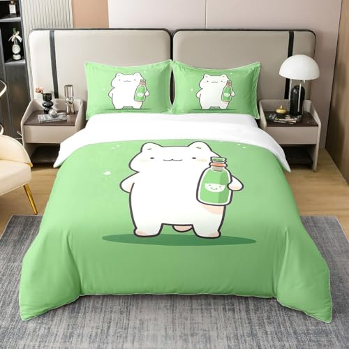 Homewish Cartoon Chat Blanc Coton Housse de Couette Enfants Pet Chat Parure de Lit Kawaii Chaton Imprimé Literie Set,Blanc Amour Modèle Literie Set,Vert Chat Bouteille Housse de Couette 220x240,Vert