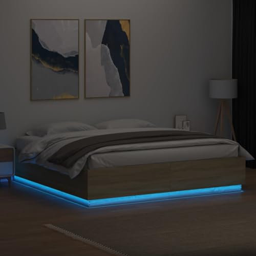 Faroom Holzbett Futonbett Bett 180x200 cm#2 mit LED-Beleuchtung Bettrahmen Holzwerkstoff Einzelbett Doppelbett Bettgestell Sonoma-Eiche