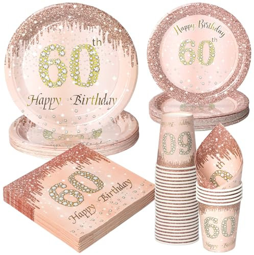 PARTY GO 96 Pcs Happy 60th Birthday Tableware Set, Rose Gold Paper Plates Cups and Napkins, Disposable Dinnerware Party Decorations for Women,Men 60th Birthday Party Supplies Serve 24 Guests