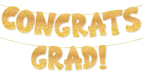 TOYVENTURES Congrats Grad Banner 2024-5 Fuß Glitzer Gold Graduation Banner – Klasse 2024 Abschlussdekorationen – vorbespannt, kein DIY erforderlich – perfekt für Abschlussfeier Party Foto Dekor