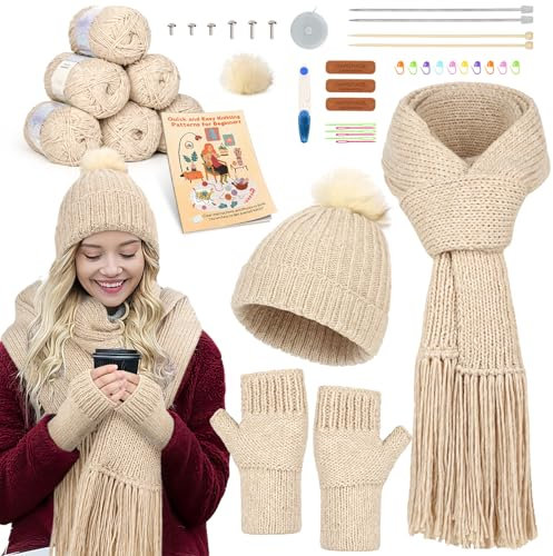 Katech Strickset für Anfänger, Stricken lernen für Erwachsene und Kinder, komplettes Starter-Set mit Mütze, Schal, Handschuhe, Schritt-für-Schritt-Anleitung (evtl. nicht in deutscher Sprache)