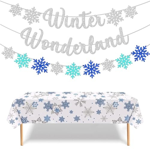 Winter Wonderland Banner, Schneeflocken Tischdecke, Weiß Schneeflocken Deko, Schneeflocken zum Aufhängen, Weihnachten Deko, für Weihnachten Winter Geburtstag Babyparty Party Dekor (B)