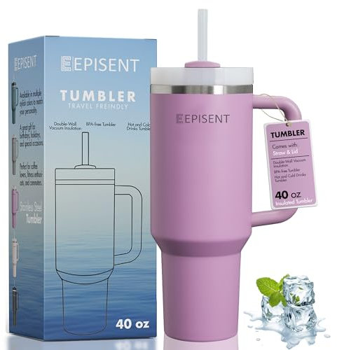 EPISENT 40oz Tumbler with Handle & Straw – Leak-Proof Stainless Steel Travel Mug | Vacuum Insulated Thermos Cup for Hot & Cold Drinks | Fits Car Cup Holders – Viral Gift for Men & Women (Lilac)