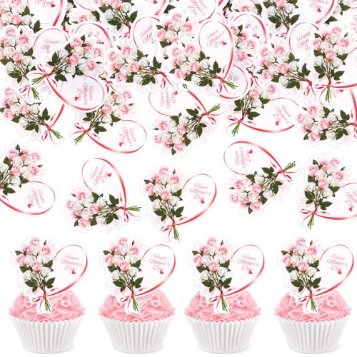 Blumomon 40Pcs Edible Happy Mothers Day Cupcake Toppers Mum's Day Love Mom Cake Decorations Heart-Shape Mom Cupcake Picks for Mother's Day Party Decorations