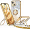 XYZ for iPhone 14 Case with Stand, Soft Cute Luxury Love Heart with Lanyard for Women Girls, Double Ring Bling Glitter Clear Protective Phone Cover Case for iPhone 14 - Gold