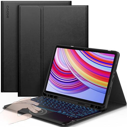CACOE Clavier Étui Compatible avec Redmi Pad Pro 12.1 / Xiaomi Poco Pad 12.1 2024, Coque Clavier avec Pavé Tactile, [AZERTY] avec Éclairage à 7 Couleurs, Noir