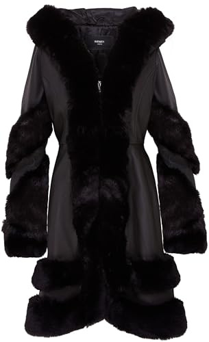 Womens Flared Black Luxury Leather Hooded Cape Coat With Fur