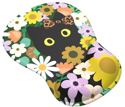 Giecy Mouse Pad with Gel Wrist Rest, Ergonomic Comfortable Computer Wrist Support for Laptop, Pain Relief Mousepad with Non-Slip PU Base for Office & Home (Little Black Cat)
