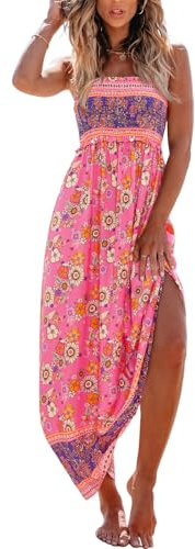 CUPSHE Women's Maxi Dress Ditsy Floral Sleeveless Smocked Ruffled Spaghetti Straps Long Summer Beach Dresses Fuchsia Pink