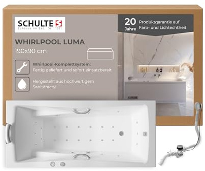 Schulte Whirlpool Badewanne Luma Komplettsystem, 190x90 cm, mit Massage- & Luftsystem, LED-Farbwechsel, Jet- & Luftdüsen, Trockenlaufschutz aus hochwertigem Acryl in Weiß glänzend